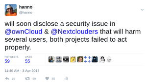 will soon disclose a security issue in @ownCloud & @Nextclouders that will harm several users, both projects failed to act properly.